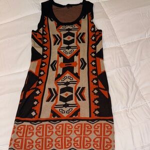 Geometric Patterned Sleeveless Dress - Black, Orange, Beige